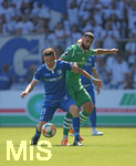 24.08.2019, Fussball 3. Liga 2019/2020, 6. Spieltag, 1. FC Magdeburg  - TSV 1860 Mnchen, in der MDCC-Arena Magdeburg. (L-R) Charles Elie Laprevotte (1. FC Magdeburg) gegen Efkan Bekiroglu (1860 Mnchen) 


