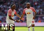 27.05.2023, Fussball 1. Bundesliga 2022/2023, 34. Spieltag, RB Leipzig - FC Schalke 04, in der Red Bull Arena Leipzig. Jubel (L-R) Mohamed Simakan (RB Leipzig) und Torschtze Christopher Nkunku (RB Leipzig) zum Tor zum 2:0


