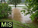 01.06.2024, Mindelheim im Unterallgu, Hochwasser nach andauernden Regenfllen, die Mindel berschwemmt hier die Felder im Norden der Stadt, die Strasse nach Westernach ist unpassierbar.