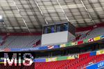 03.06.2024, Fussball Europameisterschaft 2024,  Das EM-Stadion ?Mnchen Fuball Arena?, so heisst die Allianz-Arena Mnchen whrend der EM,  Das Branding ist an den Rngen bereits angebracht,  die TV Kommentatoren Kabine steht auch hoch oben ber den Rngen.
 
