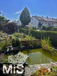 29.07.2024, Garten in Mindelheim,  Gepflegter Privat-Garten in Mindelheim, Gartenteich mit Bewuchs. 