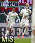 15.03.2025, Fussball 1. Bundesliga 2024/2025, 26. Spieltag, FC Augsburg - VfL Wolfsburg, in der WWK-Arena Augsburg, Torjubel Philipp Tietz (re, FC Augsburg), li: Dimitrios Christos Giannoulis (FC Augsburg) 