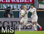 15.03.2025, Fussball 1. Bundesliga 2024/2025, 26. Spieltag, FC Augsburg - VfL Wolfsburg, in der WWK-Arena Augsburg, Torjubel Philipp Tietz (li, FC Augsburg), re: Dimitrios Christos Giannoulis (FC Augsburg) 