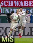 15.03.2025, Fussball 1. Bundesliga 2024/2025, 26. Spieltag, FC Augsburg - VfL Wolfsburg, in der WWK-Arena Augsburg, Torjubel Philipp Tietz (li, FC Augsburg), re: Dimitrios Christos Giannoulis (FC Augsburg) 