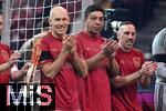 17.03.2025, Fussball, das FC Bayern Mnchen Legenden-Turnier FRANZ BECKENBAUER CUP, im SAP-Garden Mnchen. v.li: Arjen Robben, Giovanne Elber, Franck Ribery (Bayern Mnchen)