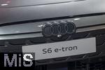 17.03.2025, Fussball, das FC Bayern Mnchen Legenden-Turnier FRANZ BECKENBAUER CUP, im SAP-Garden Mnchen. FC Bayern-Sponsor AUDI stellt sein E-Auto S6 etron im Innenraum aus. Das Firmenlogo, die vier Ringe von Audi  
