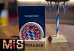 17.03.2025, Fussball, das FC Bayern Mnchen Legenden-Turnier FRANZ BECKENBAUER CUP, im SAP-Garden Mnchen. Auf einem Tisch steht RESERVIERT, mit FCB-Bierdeckel und Schriftzug des Brauerei-Sponsors PAULANER.