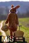 05.04.2025,  Osterfest in Bad Wrishofen im Unterallgu. Ein Lebensgroer Osterhase luft ber die Wiese, in seinem Krbchen hat er bunte Ostereier. Der Leiterwagen ist schon leer, alles fertig verteilt, nun geht er nach Hause. In dem Osterhschen-Gewand steckt der Trkheimer Gerhard Mller.  