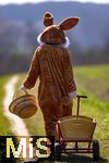 05.04.2025,  Osterfest in Bad Wrishofen im Unterallgu. Ein Lebensgroer Osterhase luft ber die Wiese, in seinem Krbchen hat er bunte Ostereier. Der Leiterwagen ist schon leer, alles fertig verteilt, nun geht er nach Hause. In dem Osterhschen-Gewand steckt der Trkheimer Gerhard Mller.  