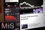 07.04.2025, Thema Brsenbeben nach dem Zoll-Streit aus Amerika: Tagesaktuelle Brsen-Daten auf einem iPhone16 Smartphone-Screen: Aktuelle Daten vom DAX zeigen massive Kursverluste am Montag 07. April 2025 aufgrund der Zlle von Prsident Trump in den USA.