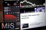 07.04.2025, Thema Brsenbeben nach dem Zoll-Streit aus Amerika: Tagesaktuelle Brsen-Daten auf einem iPhone16 Smartphone-Screen: Aktuelle Daten vom DAX zeigen massive Kursverluste am Montag 07. April 2025 aufgrund der Zlle von Prsident Trump in den USA.