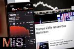 07.04.2025, Thema Brsenbeben nach dem Zoll-Streit aus Amerika: Tagesaktuelle Brsen-Daten auf einem iPhone16 Smartphone-Screen: Aktuelle Daten vom DAX zeigen massive Kursverluste am Montag 07. April 2025 aufgrund der Zlle von Prsident Trump in den USA. 