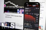 07.04.2025, Thema Brsenbeben nach dem Zoll-Streit aus Amerika: Tagesaktuelle Brsen-Daten auf einem iPhone16 Smartphone-Screen: Aktuelle Daten vom DAX zeigen massive Kursverluste am Montag 07. April 2025 aufgrund der Zlle von Prsident Trump in den USA.