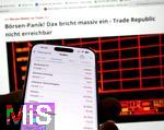 07.04.2025, Thema Brsenbeben nach dem Zoll-Streit aus Amerika: Tagesaktuelle Brsen-Daten auf einem iPhone16 Smartphone-Screen: Aktuelle Daten vom DAX zeigen massive Kursverluste am Montag 07. April 2025 aufgrund der Zlle von Prsident Trump in den USA.