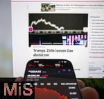 07.04.2025, Thema Brsenbeben nach dem Zoll-Streit aus Amerika: Tagesaktuelle Brsen-Daten auf einem iPhone16 Smartphone-Screen: Aktuelle Daten vom DAX zeigen massive Kursverluste am Montag 07. April 2025 aufgrund der Zlle von Prsident Trump in den USA.
