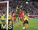 12.04.2025, Fussball 1. Bundesliga 2024/2025, 29. Spieltag,  FC Bayern Mnchen - Borussia Dortmund, in der Allianz-Arena Mnchen. Raphael Guerreiro (FC Bayern Mnchen) gegen Torwart Gregor Kobel (Borussia Dortmund) 


