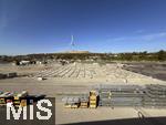 12.04.2025, Fussball 1. Bundesliga 2024/2025, 29. Spieltag,  FC Bayern Mnchen - Borussia Dortmund, in der Allianz-Arena Mnchen.  Am Busparkplatz ist derzeit Baustelle, denn fr das kommende Championsleague-Finale im Mai werden Hallen aufgebaut, Medien, TV und VIP-Gebude fr das Finale entstehen dort.