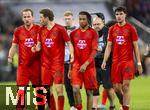 12.04.2025, Fussball 1. Bundesliga 2024/2025, 29. Spieltag,  FC Bayern Mnchen - Borussia Dortmund, in der Allianz-Arena Mnchen.  v.li: Harry Kane (FC Bayern Mnchen), Thomas Mller (FC Bayern Mnchen), Michael Olise (FC Bayern Mnchen), Aleksandar Pavlovic (Bayern Mnchen)  nachdenklich 