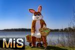15.04.2025,  Osterfest in Bad Wrishofen im Unterallgu. Ein Lebensgroe Osterhase freut sich ber das kommende Osterfest, an seinem Leiterwagen prsentiert er bunte Ostereier in seinem Krbchen. In dem Osterhschen-Gewand steckt der Trkheimer Gerhard Mller.  