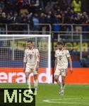 16.04.2025,  Fussball UEFA Championsleague 2024/2025: Viertelfinale Rckspiel, Inter Mailand - FC Bayern Mnchen, im Giuseppe Meazza Stadion (Mailand).  Trauriger Abgang, Leon Goretzka (FC Bayern Mnchen), Thomas Mller (FC Bayern Mnchen), 