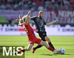 19.04.2025, Fussball 1. Bundesliga 2024/2025, 30. Spieltag, 1.FC Heidenheim - FC Bayern Mnchen, in der Voith-Arena Heidenheim. v.l. Frans Krtzig (Heidenheim) gegen Konrad Laimer (FC Bayern Mnchen) 

