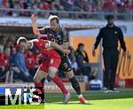 19.04.2025, Fussball 1. Bundesliga 2024/2025, 30. Spieltag, 1.FC Heidenheim - FC Bayern Mnchen, in der Voith-Arena Heidenheim. v.l. Benedikt Gimber (1. FC Heidenheim 1846) gegen Harry Kane (FC Bayern Mnchen) 

