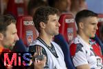 19.04.2025, Fussball 1. Bundesliga 2024/2025, 30. Spieltag, 1.FC Heidenheim - FC Bayern Mnchen, in der Voith-Arena Heidenheim. Thomas Mller (FC Bayern Mnchen) nachdenklich auf der Bank. 