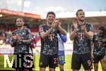 19.04.2025, Fussball 1. Bundesliga 2024/2025, 30. Spieltag, 1.FC Heidenheim - FC Bayern Mnchen, in der Voith-Arena Heidenheim. Schlussjubel nach dem Sieg, Leroy Sane (Bayern Mnchen), Thomas Mller (FC Bayern Mnchen), Harry Kane (FC Bayern Mnchen),