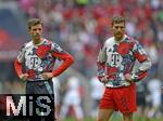 26.04.2025, Fussball 1. Bundesliga 2024/2025, 31. Spieltag,  FC Bayern Mnchen - 1.FSV Mainz 05, in der Allianz-Arena Mnchen. v.l. Thomas Mller (FC Bayern Mnchen) und Leon Goretzka (FC Bayern Mnchen) nachdenklich beim Aufwrmen 


