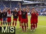 17.05.2025, Fussball 1. Bundesliga 2024/2025, 34. Spieltag,  TSG 1899 Hoffenheim - FC Bayern Mnchen, In der Pre-Zero-Arena Sinsheim. Schlussjubel der Bayern nach dem Spiel. Torwart Jonas Urbig (FC Bayern Mnchen), Jonah Kusi-Asare (Bayern Mnchen), Joao Palhinha (FC Bayern Mnchen), Eric Dier (FC Bayern Mnchen), Thomas Mller (FC Bayern Mnchen), Joshua Kimmich (FC Bayern Mnchen), 