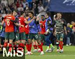 04.06.2025, Fussball UEFA Nations League 2024/25,  Halbfinale, Deutschland - Portugal, in der Allianz-Arena Mnchen. v.li: Joao Palhinha (Portugal), Antonio Silva (Portugal), Renato Veiga (Portugal), Cristiano Ronaldo (Portugal) nach dem Spiel jubelnd  