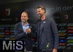 07.07.2025, Fussball 1. Bundesliga 2025/2026, Trainingsauftakt FC Augsburg, Pressekonferenz in der WWK-Arena Augsburg, Vorstellung von Trainer Sandro Wagner (FC Augsburg). v.li: Geschftsfhrer Michael Strll (FC Augsburg) und Trainer Sandro Wagner (FC Augsburg) shakehands 
 

