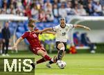 08.07.2025, UEFA Frauen-Europameisterschaft 2025 in der Schweiz. Spieltag 2, Vorrunde, Deutschland - Dnemark, im St-Jakob-Park Basel (Schweiz). v.li: Janni Thomsen (Dnemark) gegen Klara Bhl (Deutschland) 