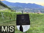 31.07.2025, Meran in Sdtirol, Italien. Ortsteil Algund, Werbeschild fr Weinkellerfhrung am Hang eines Weinberges.