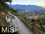 31.07.2025, Meran in Sdtirol, Italien. Ortsteil Algund, Ausblick vom Hang eines Weinberges. Waalweg