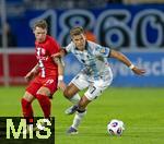 14.09.2025, Fussball 3. Liga 2025/2026, 5.Spieltag, TSV 1860 Mnchen - TSV Havelse, im Stadion an der Grnwalder Strasse Mnchen, v.li: Florian Riedel (TSV Havelse) gegen Florian Niederlechner (TSV 1860 Mnchen) 