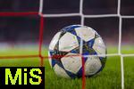 22.10.2025,  Fussball UEFA Championsleague 2025/2026: Vorrunde 3.Spieltag, FC Bayern München - Club Brügge, in der Allianz-Arena München. Der Spielball FINALE von Adidas liegt im Torraum hinter dem Tornetz.