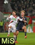28.10.2025, Fussball DFB-Pokal 2025/2026, 2.Runde, FC Augsburg - VfL Bochum, in der WWK-Arena Augsburg.
v.l. Elvis Rexhbecaj (FC Augsburg) gegen Mats Pannewig (VfL Bochum)