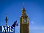 26.11.2025,  London (England), Demonstrationen in der Millionenmetropole, unter anderem gegen den Brexit. Hier hngt eine Europische Flagge in der Nhe des Big Ben Turmes.