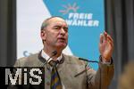 09.02.2026, Bad W�rishofen im Unterallg�u, Parteiveranstaltung zur Kommunalwahl 2026, Freie W�hler laden ein in den Kursaal. Zu Gast ist Hubert Aiwanger (Stellvertretender bayerischer Ministerpr�sident, Staatsminister f�r Wirtschaft, Landesentwicklung und Energie, Bundes- und bayerischer Landesvorsitzender der Freien W�hler) hier am Rednerpult.