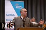 09.02.2026, Bad W�rishofen im Unterallg�u, Parteiveranstaltung zur Kommunalwahl 2026, Freie W�hler laden ein in den Kursaal. Zu Gast ist Hubert Aiwanger (Stellvertretender bayerischer Ministerpr�sident, Staatsminister f�r Wirtschaft, Landesentwicklung und Energie, Bundes- und bayerischer Landesvorsitzender der Freien W�hler) hier am Rednerpult. 
