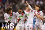 15.02.2026, Fussball 1. Bundesliga 2025/2026, 22.Spieltag, FC Augsburg - 1.FC Heidenheim, in der WWK-Arena Augsburg. Torjubel, Alexis Julian Claude-Maurice (2.v.li, FC Augsburg) mit Han-Noah Massengo (FC Augsburg), Rodrigo Duarte Ribeiro  (FC Augsburg), Dimitrios Christos Giannoulis (FC Augsburg) 