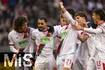 15.02.2026, Fussball 1. Bundesliga 2025/2026, 22.Spieltag, FC Augsburg - 1.FC Heidenheim, in der WWK-Arena Augsburg. Torjubel, Alexis Julian Claude-Maurice (2.v.li, FC Augsburg) mit Han-Noah Massengo (FC Augsburg), Rodrigo Duarte Ribeiro  (FC Augsburg), Dimitrios Christos Giannoulis (FC Augsburg)  