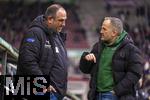 15.02.2026, Fussball 1. Bundesliga 2025/2026, 22.Spieltag, FC Augsburg - 1.FC Heidenheim, in der WWK-Arena Augsburg. v.li: Trainer Frank Schmidt (1. FC Heidenheim 1846) mit Trainer Manuel Baum (FC Augsburg) vor dem Spiel.